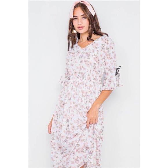 PINK & WHITE FLORAL FLOUNCE STRETCHY MIDI DRESS - Picture 4 of 6